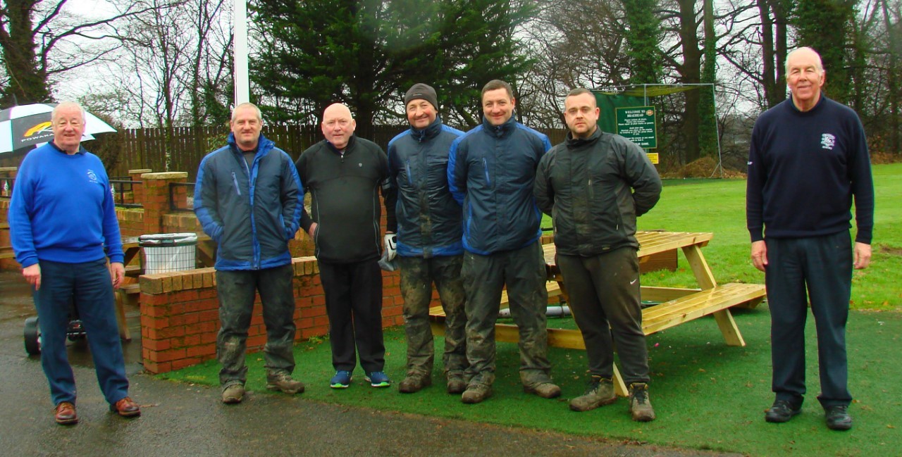 Head groundskeeper Harvie and his staff with treasurer Michael Fraser and Malcolm Spiers, secretary of the Senior Section at the club