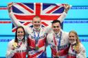 Kathleen Dawson, Adam Peaty, James Guy and Anna Hopkin with their Gold medals. Picture by Joe Giddens/PA Wire
