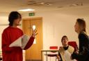 REHEARSALS: Macbeth (Oliver O’Hare) and Messenger (Eilidh Brown) being observed by Doctor (Emanuele Vaudano)