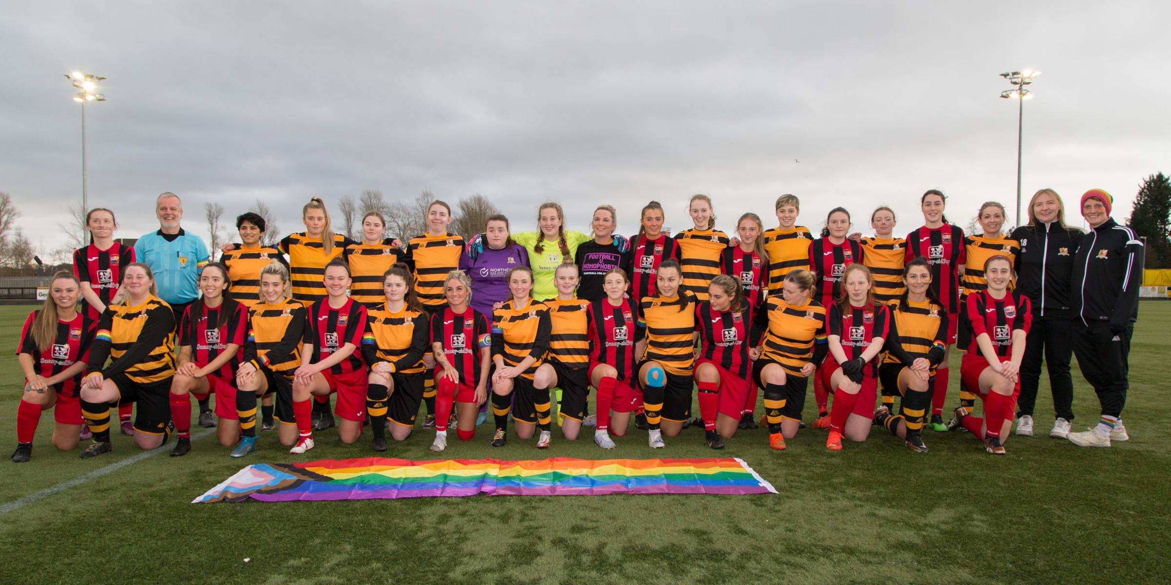 INCLUSIVE: Alloa Athletic Women were joined by Drumchapel as they unfurled the LGBTQ+ flag to show support in the fight against homophobia. Pictures by John Howie.