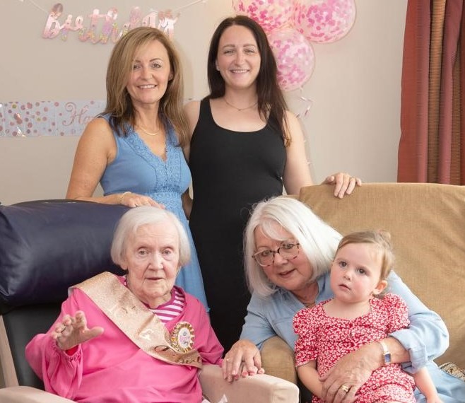 Five Generations. Betty with daughter Selma, granddaughter Leigh, great-granddaughter Ellie and great-great-granddaughter Aayla.jpg
