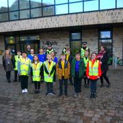 Junior parking attendants from Abercromby Primary and St Bernadette's RC Primary and their teachers, joined by Cllr Graham Lindsay, Sgt Alisdair Goldie and community police officers PCs Leigh Allen and Nicola Boyle