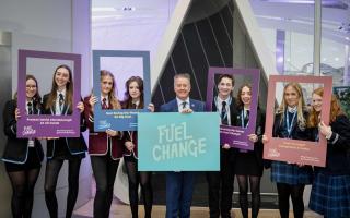 FUEL CHANGE: MSP Keith Brown with pupils from Clacks and Dunblane who visited Fuel Change Live last week